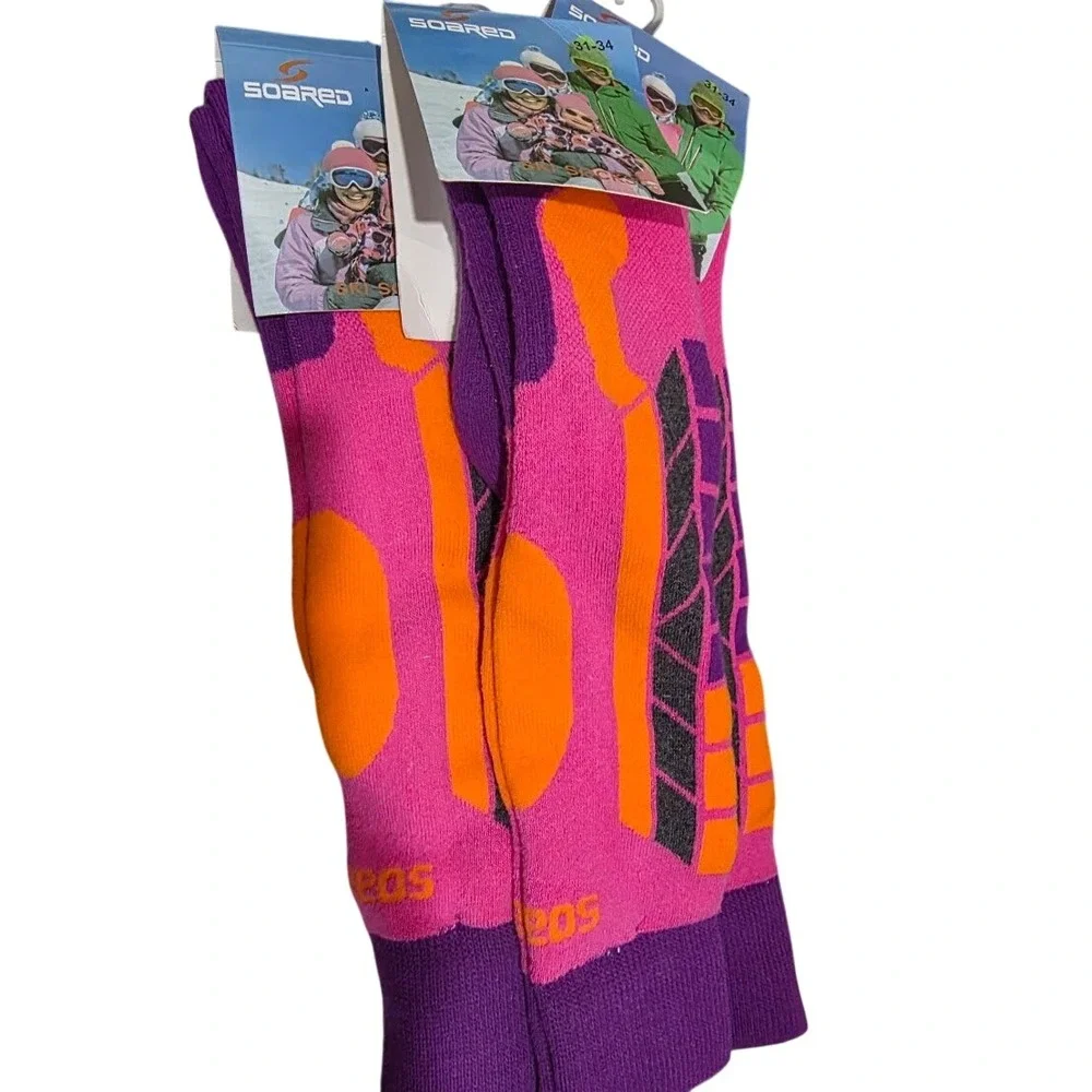 SOARED Kids Ski Socks 3 Pack Pink Purple Orange Winter Snowboard Athletic 31-34